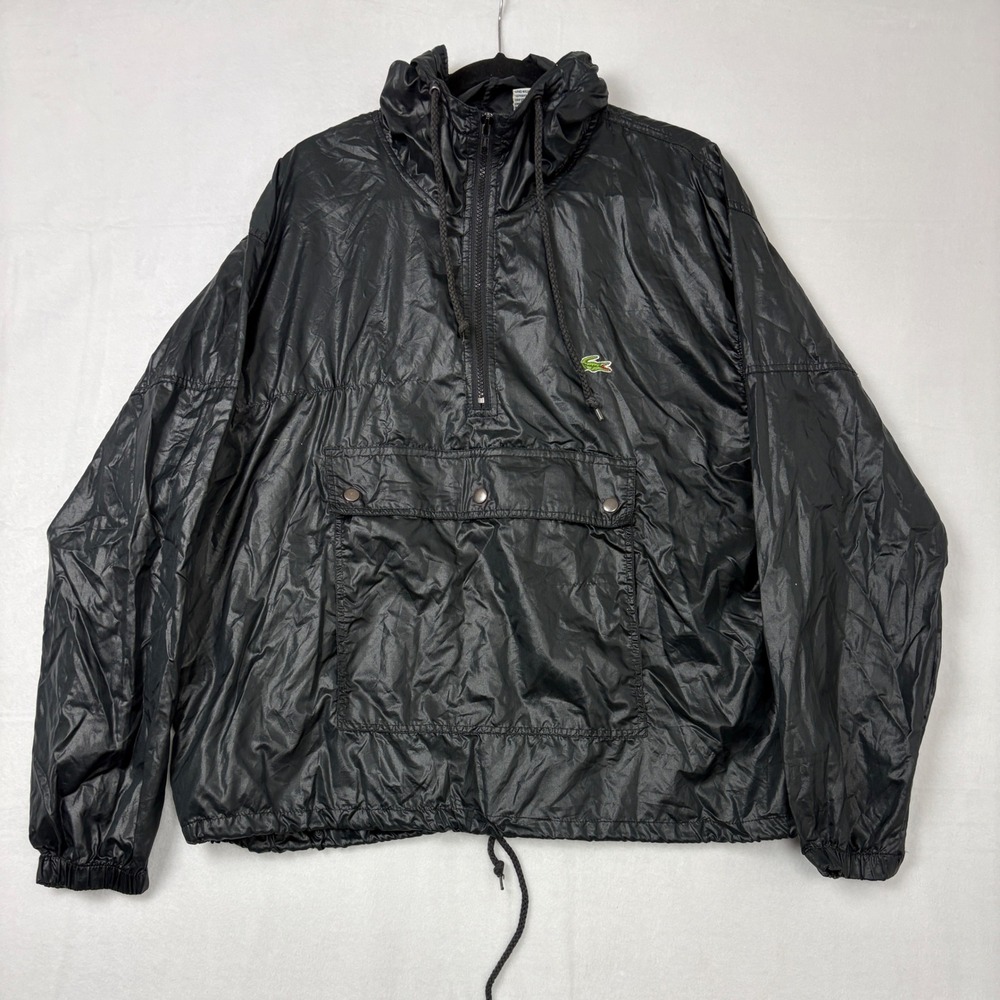 Vintage Izod Lacoste Black Hooded Quarter Zip Windbreaker Anorak Jacket Mens L